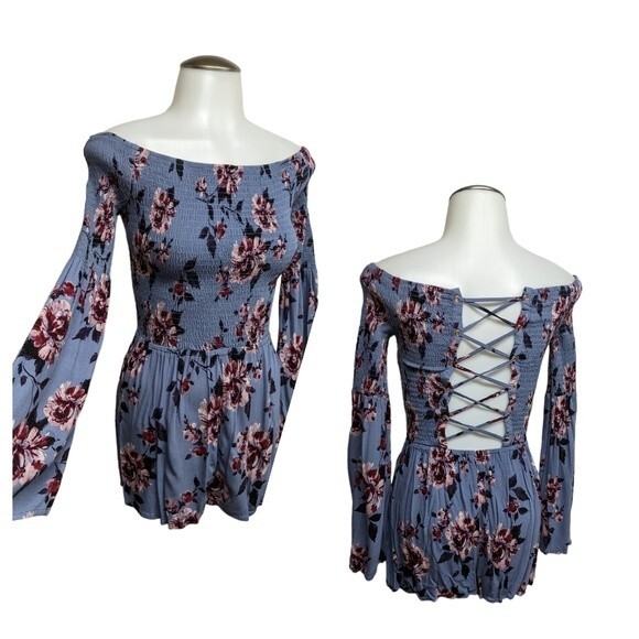Kendall & Kylie Romper Women X-Small Long Bell Sleeves Shortall Criss Cross Back - Picture 1 of 6